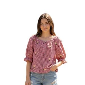 Red Gingham Blouse with Floral Details